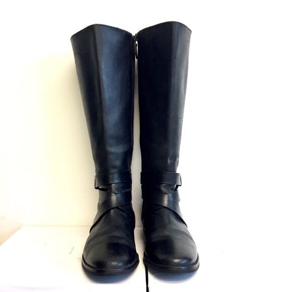 COLE HAAN Black Flat Leather Riding Boots With Ankle Strap 7 - Picture 5 of 9